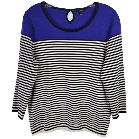 Talbots Sweater Women's Large Blue White Striped 3/4 Sleeve Pullover Sweater - Picture 2 of 8